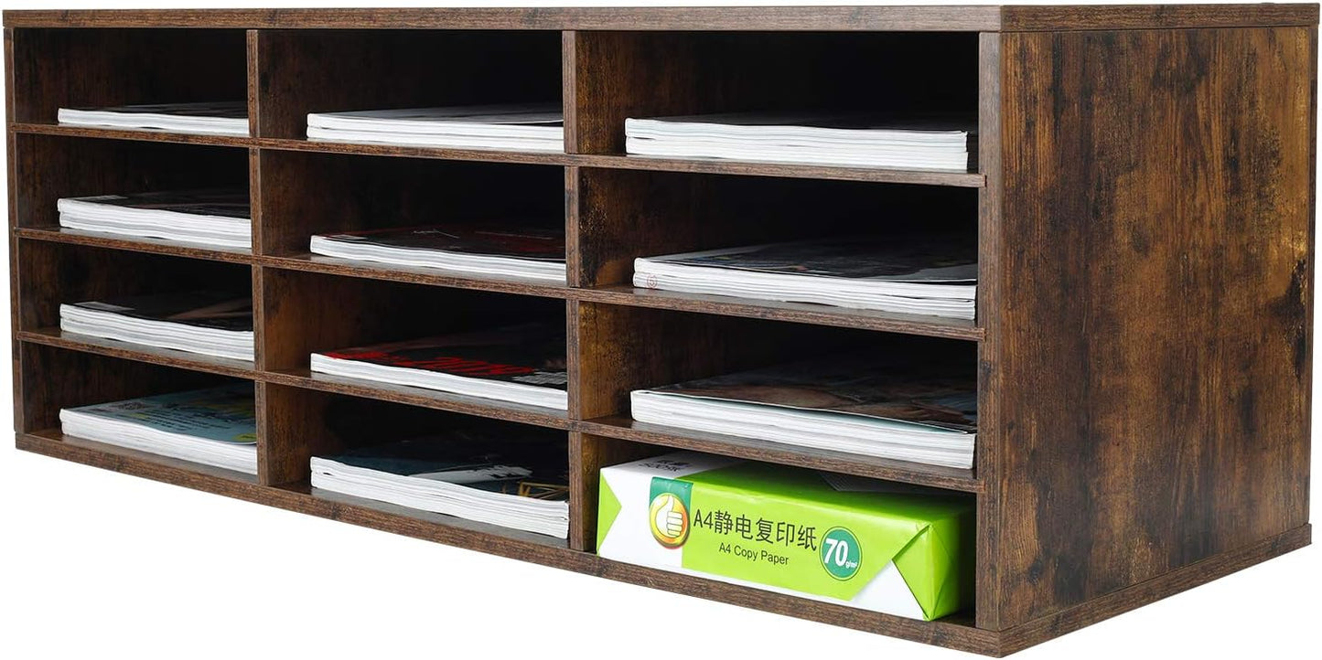 PAG Mail Sorter Organizer, Wood Countertop Literature Organizer, Student Mailbox for Classroom, Desktop Bill Paper Organizer for Office Home School, 12 Compartments, Antique Brown