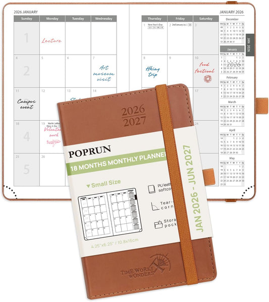 POPRUN Pocket Monthly Planner 2026-2027 (Pocket- 4''x 6.25'' Soft Leather Cover) - 18 Month Calendar Book for Purse (Jan.2026 - Jun. 2027), 100 GSM Thick Paper - Brown