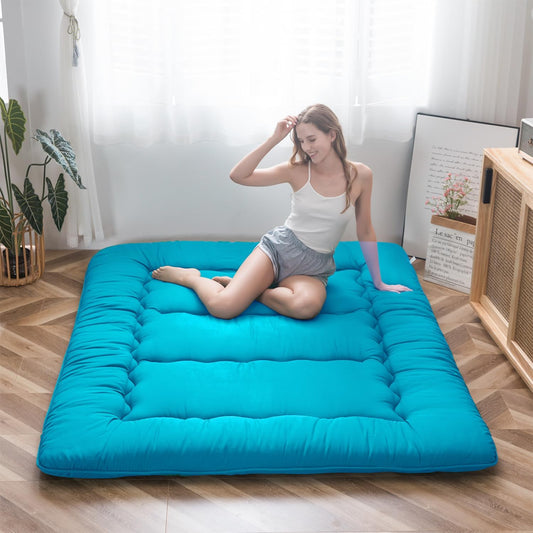 MAXYOYO Japanese Floor Mattress Futon Mattress, Thicken Tatami Mat Sleeping Pad Foldable Roll Up Mattress Boys Girls Dormitory Mattress Pad Kids Floor Lounger Bed Couches and Sofas, Turquoise, Full