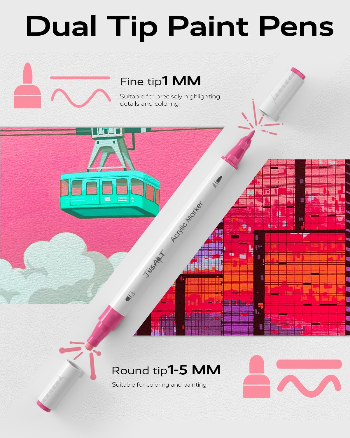 JusArt 48 Colors Dual Tip Acrylic Paint Markers with Dot and Fine Tip, No-Bleed Paint Pens and Waterproof Markers for Rock, Wood, Glass, Ceramic - Vibrant Art Supplies for Kids, Beginners & Artists