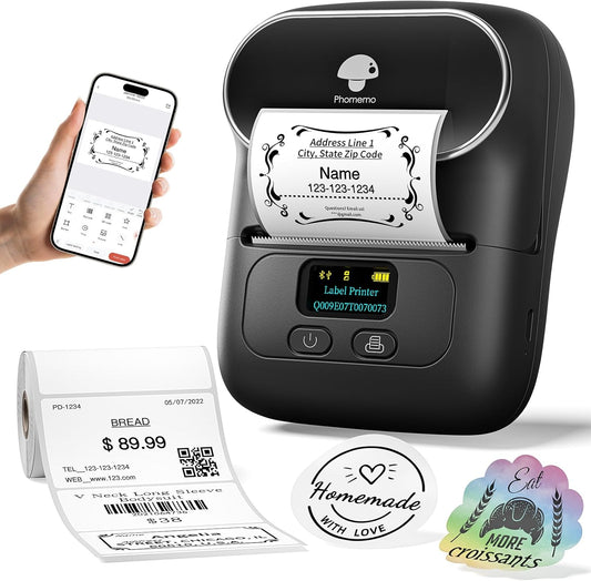 Phomemo Label Printer M110 Upgraded Label Maker Bluetooth No Ink Portable for Small Business, Address, Office, Home for Phone; for PC/Mac(USB), with 100 Labels, Ebony Black