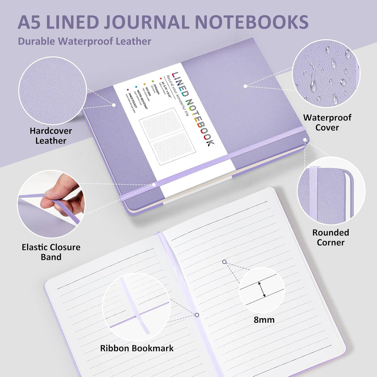 Lined Journal Notebook for Women Men, 200 Pages A5 Hardcover Leather Journals 5.7” x 8.3”, A5 College Ruled Notebooks with 100 GSM Thick Paper for Writing,Travel,School,Office,Work,Business(Purple)