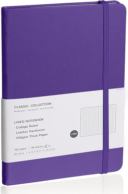 Lined Journal Notebook, 160 Pages, Medium 5.7 inches x 8 inches - 100 gsm Thick Paper, Hardcover (1, Purple)