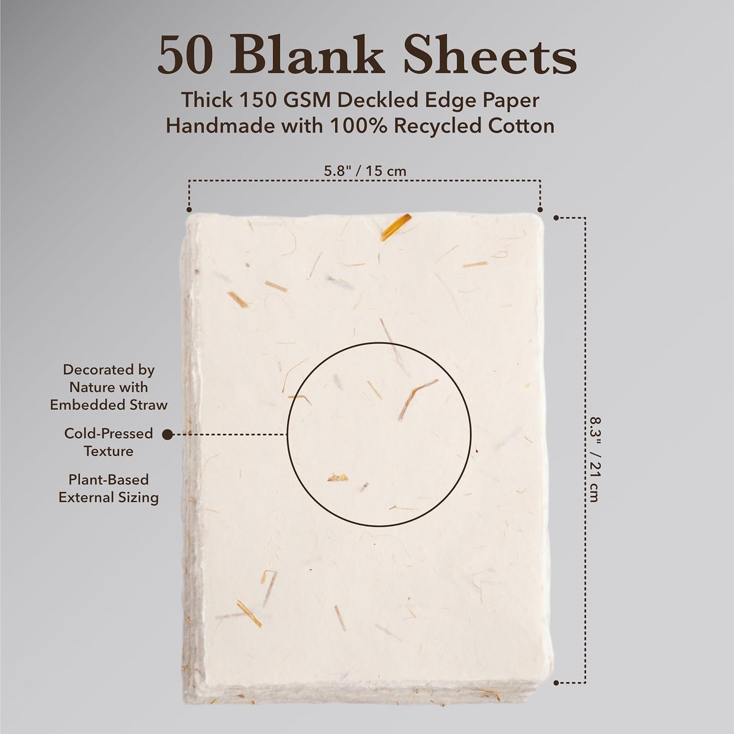 Wanderings Cream A5 Handmade Deckled Edge Cotton Paper - Cold Pressed Texture - Paint, Watercolor, Writing, Printer, Cards, Invitations, Menus, Arts and Crafts. 50 Pack 150gsm - 5.8" x 8.3"