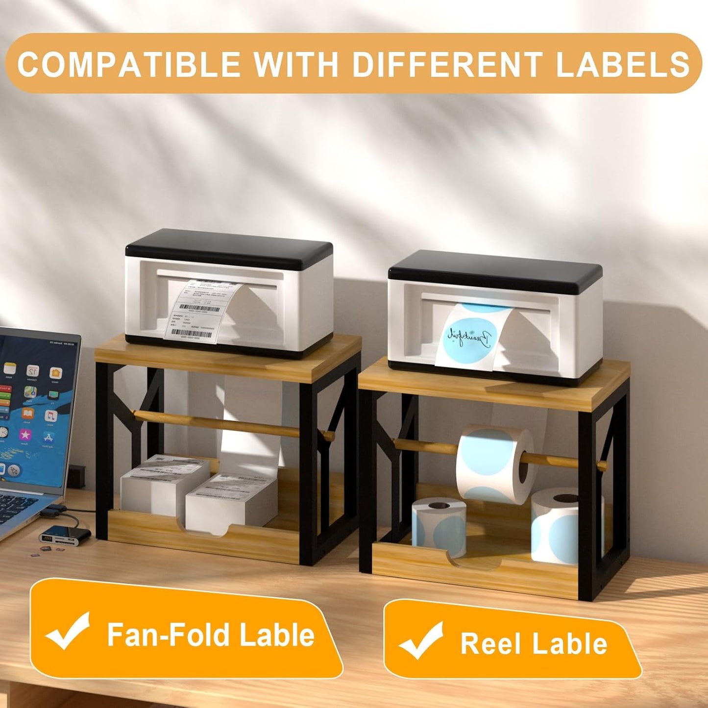 AO LI GEI Label Holder for Rolls and Fan-Fold Labels,Wooden Thermal Label Roll Holder for Shipping Label Stand Desktop Printer Holder for Home Office Accessory Sticker Dispenser