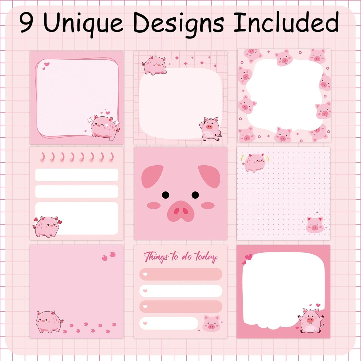 9 Pack Cute Pig Sticky Notes Set, 450 Sheets Pink Cartoon Self-Stick Notepads with Kawaii Piggy Designs, Fun Gifts for Girls Kids Students or Office Use