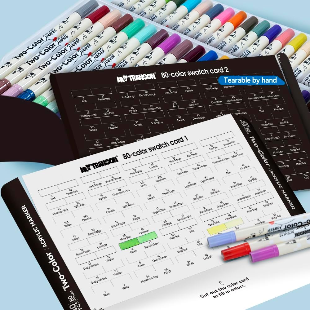 TRANSON 80 Colors Acrylic Paint Marker Set, 40 Pieces of Dual-color Acrylic Paint Pens with Brush Tips Versatile for Craft Painting, Drawing, Rock Painting, DIY, Paint on Most Surfaces