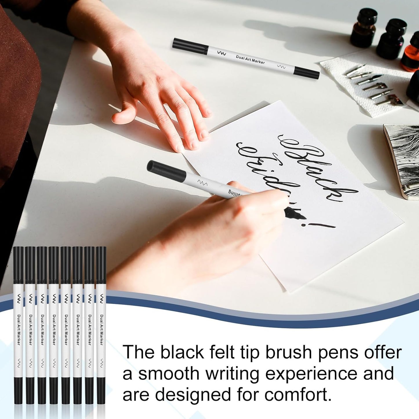 20 Pcs Black Drawing Pens Bulk Dual Brush Fineliners Pens Felt Tip Markers for Art Drawing Sketching