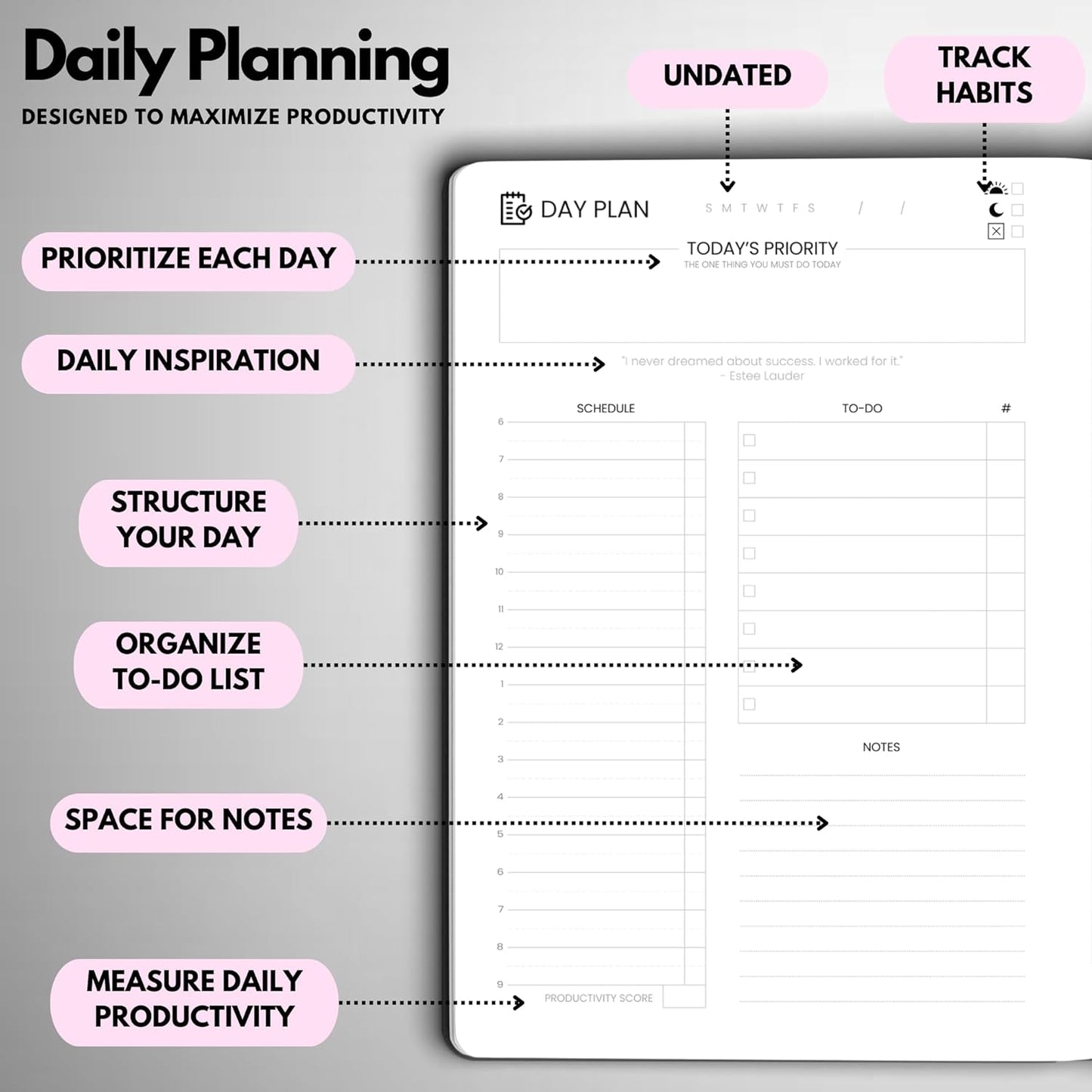 Undated Daily Planner – 6-Month A5 Productivity Organizer with Full Page Per Day, Hourly Schedule, Goal Setting, Habit Tracker, Weekly & Monthly Pages – Hardcover Time Management Notebook (Pink)