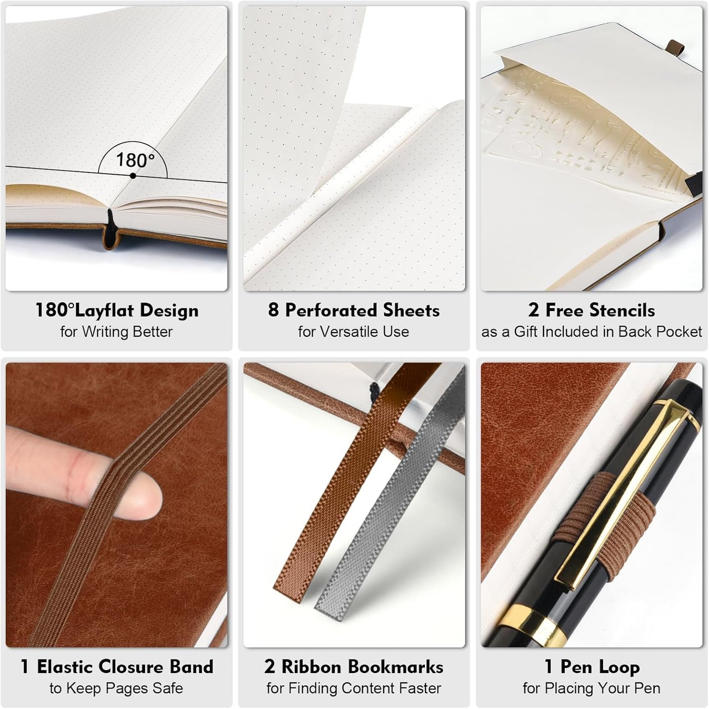 Bullet Dotted Journal, Large A4 Hardcover Leather Journal, 312 Numbered Pages Thick Journal, 100gsm No Bleed Paper Dot Grid Notebook for Women Men, 8.5'' × 11'', Brown