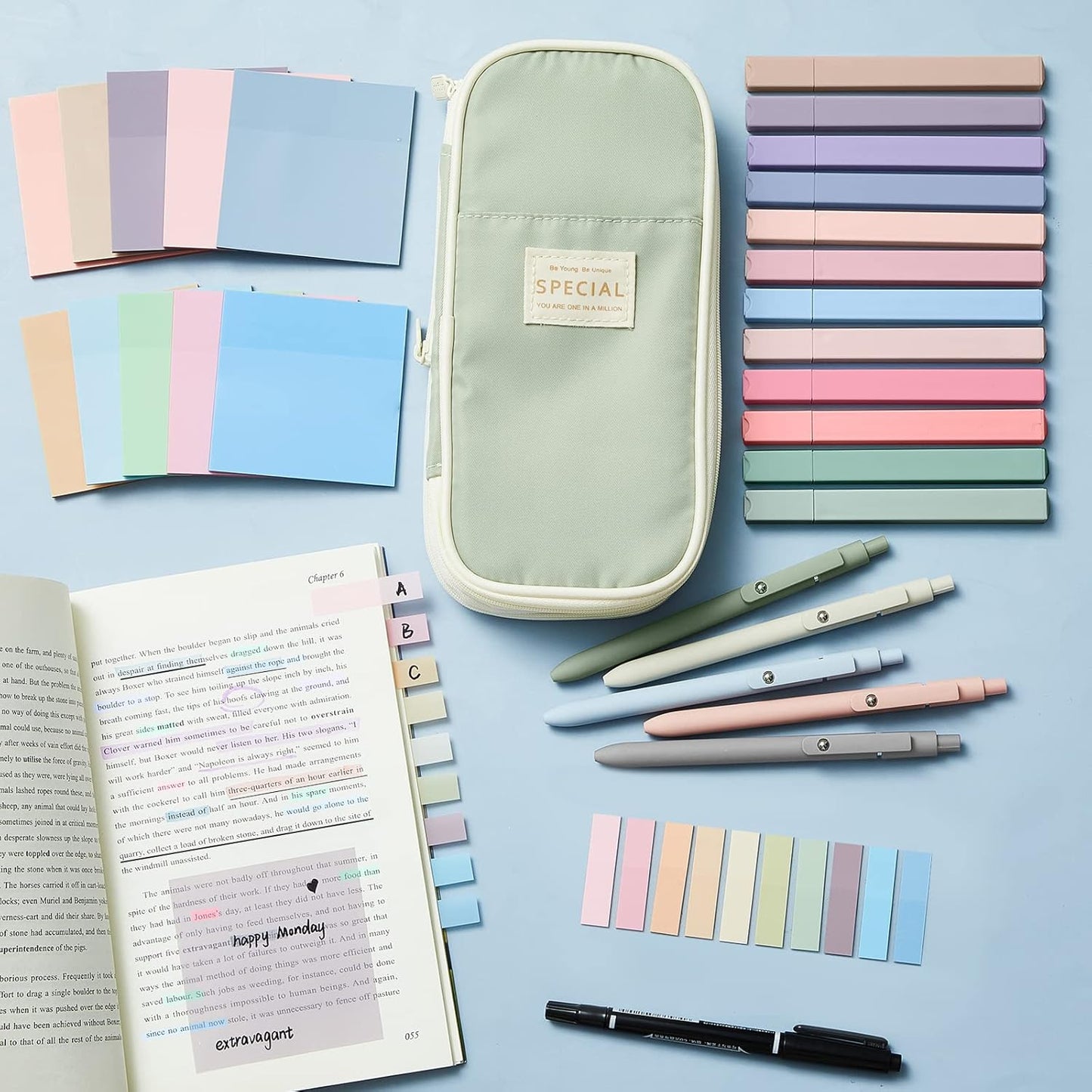 Jutom 39 Pcs Aesthetic Book Annotation Kit Highlighter with Pencil Case Bag Gel Pen Transparent Sticky Note Taking Bible Study College School Supplies(Green,Cute Style)