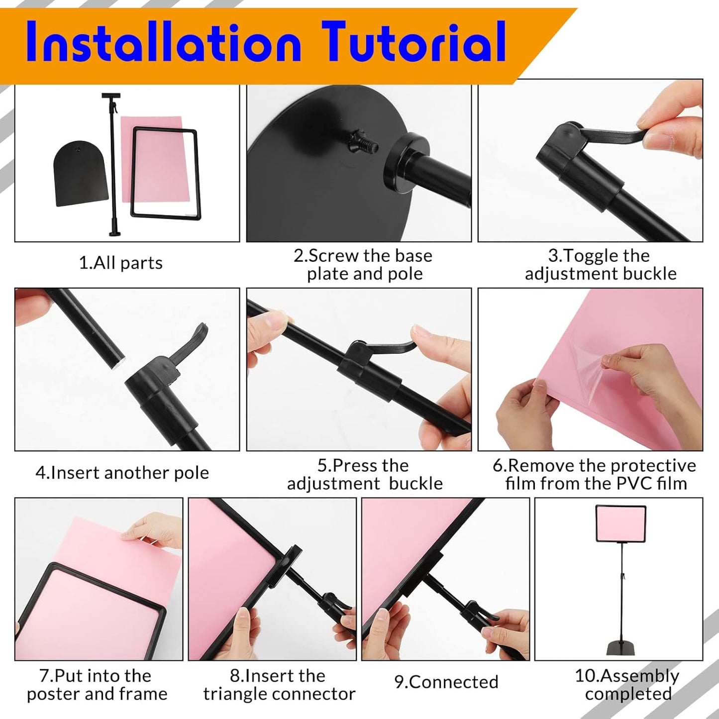 Hicarer 8 Pack Adjustable Sign Poster Stand Holder 8.5 x 11 in Floor Standing Display Sign Holder Heavy Duty Aluminum Pedestal Vertical Horizontal Stand for Vendor Advertising Business Menu Black