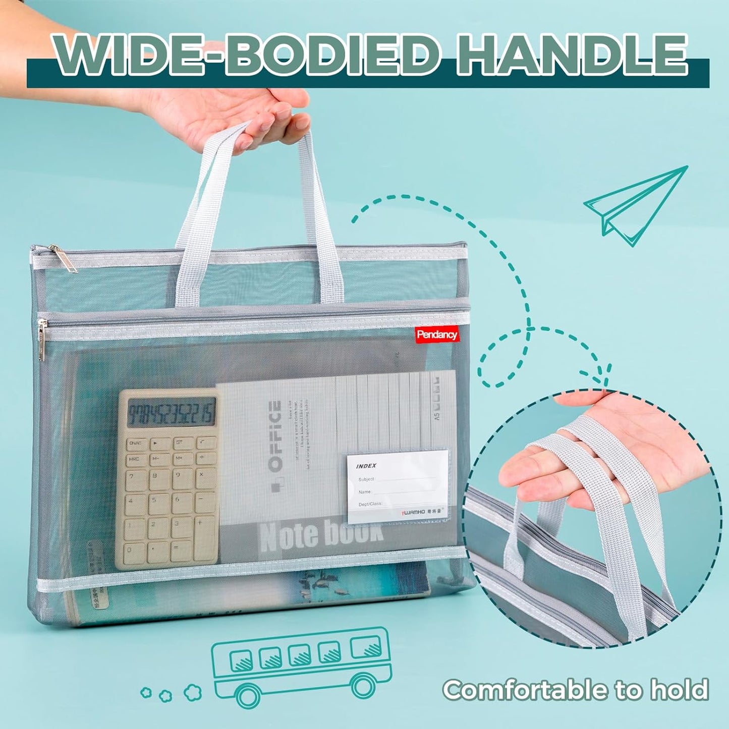 Pendancy Mesh Zipper Pouch A4 Size, Large Double Pocket Lightweight Nylon Transparent File Bag with Handle, 11x13.8 in Foldable Document Storage for Puzzle Project/Cross Stitch/Travel/Office (Gray)