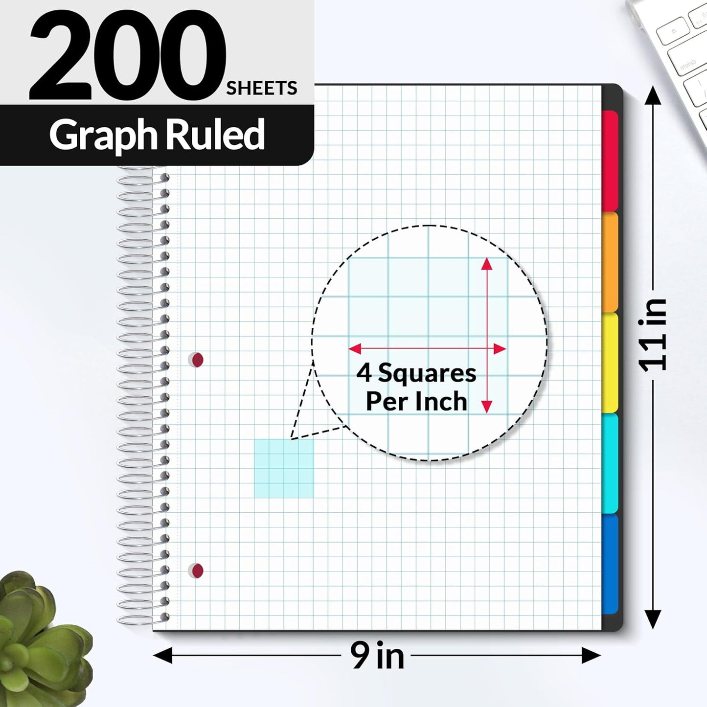 SUNEE 5 Subject Graph Paper Notebook - 400 Pages, 9"x11", 4x4 Graph Ruled Notebook, 5 Pocket Colored Dividers, 3-Hole Punched Paper, Black