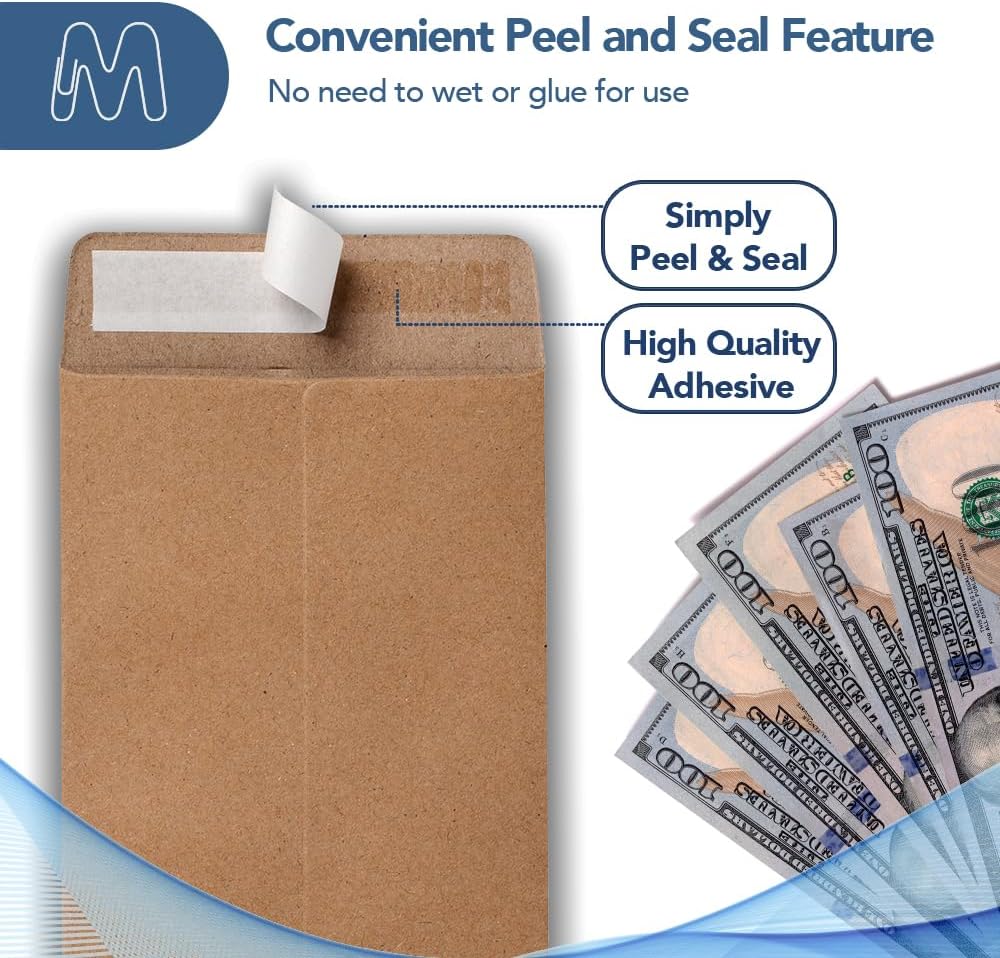 MOS #7 Brown Coin Envelopes 3.5 x 6.5 Inch 120 Pack — Self-Seal Kraft Money Envelopes for Cash, Budgeting, Savings Challenges, Seed Storage, Small Parts