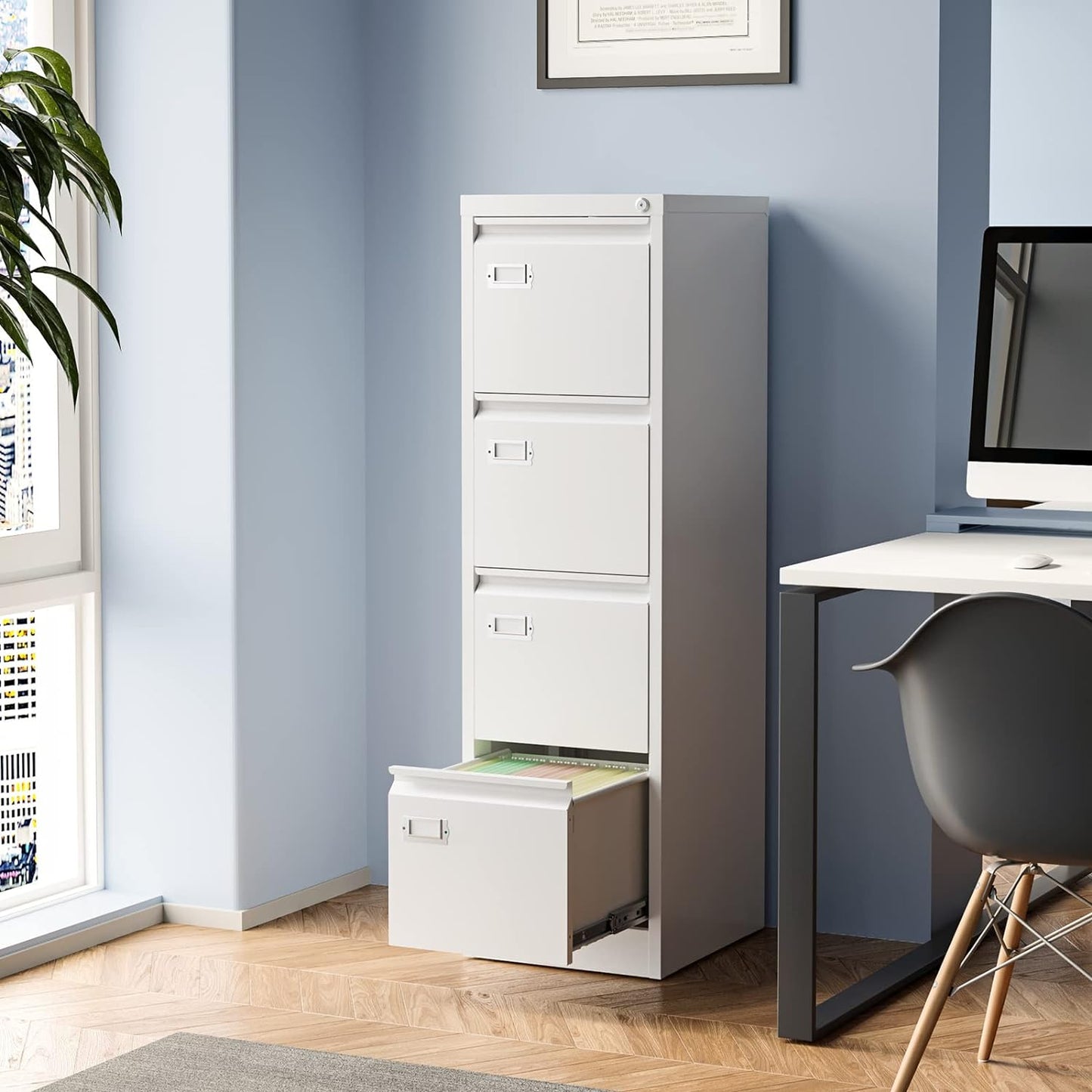 4 Drawer File Cabinet, Filing Cabinets for Home Office, Metal Vertical File Storage Cabinet with Lock, Locking File Cabinet for A4 Legal/Letter, 15" W x 17.7" D x 50.1" H, Assembly Required