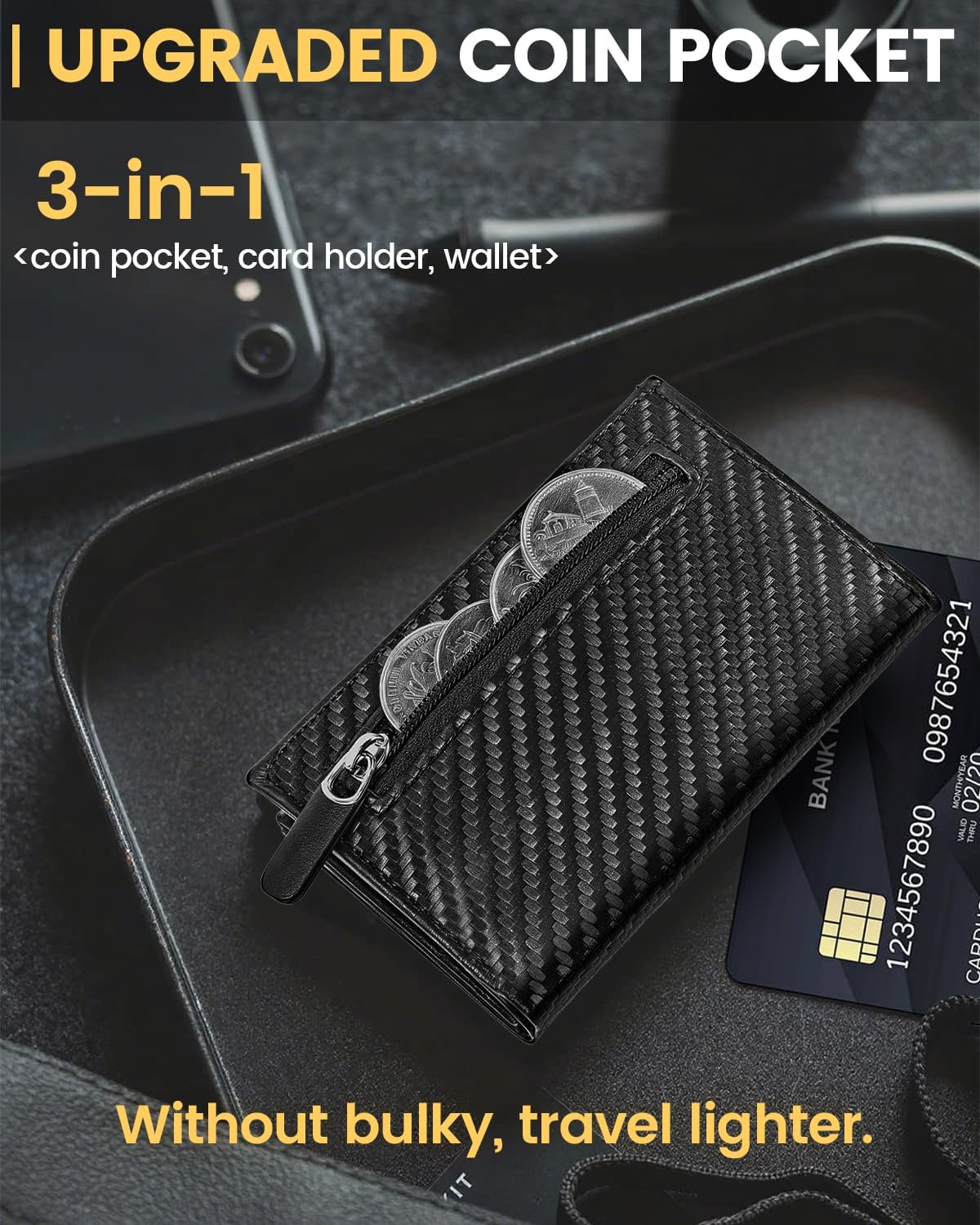 Wallet for Men with Coin Pocket, Pop-Up Card Holder, Holds 10-14 Cards, RFID Blocking, Minimalist, Smart, Slim, Cash Slot, Front Pocket, Gift for Men (Carbon Fiber)