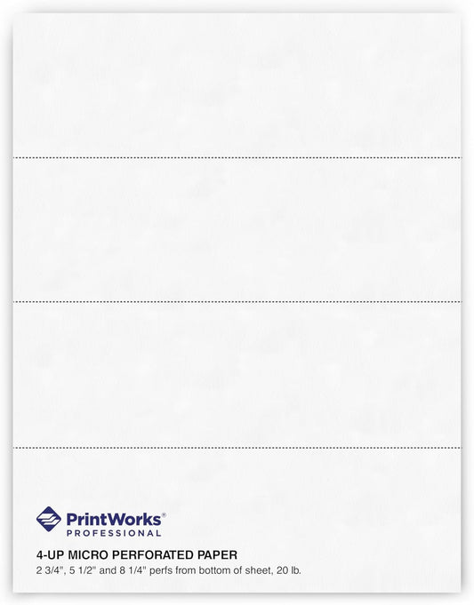 PrintWorks Professional 4 Part Perforated Paper 8.5” x 11” - Perfect For W-2, 1099, & Statement Use - Made in the USA - 500 Sheets - 20 lb - Printer Compatible - White (04298)
