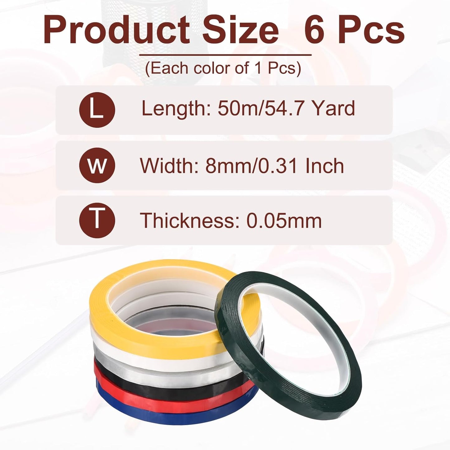 MECCANIXITY 6 Rolls Whiteboard Tape Graphic Chart Tape 8mm 54.7 Yard Art Tape Thin Pinstripe Tape Masking Tape for Gift Wrapping Craft Supplies, Red, Green, Blue, Yellow, Black, White