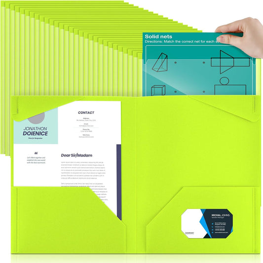 Henoyso 100 Pcs Plastic Folders with Clear Front Pockets Bulk Heavy Duty File Folders with 2 Pockets and Card Slot for Student Teacher Back to School Supplies Office Presentation (Fluorescent Green)