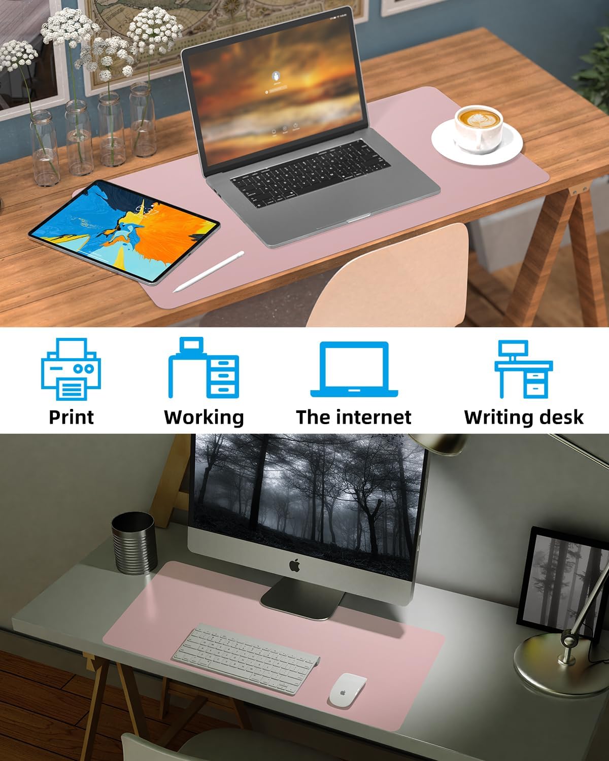 Leather Desk Protector, Non-Slip PU Laptop Mat for Office/Home - Waterproof Writing Pad (31.5"x15.7", Rose Pink)