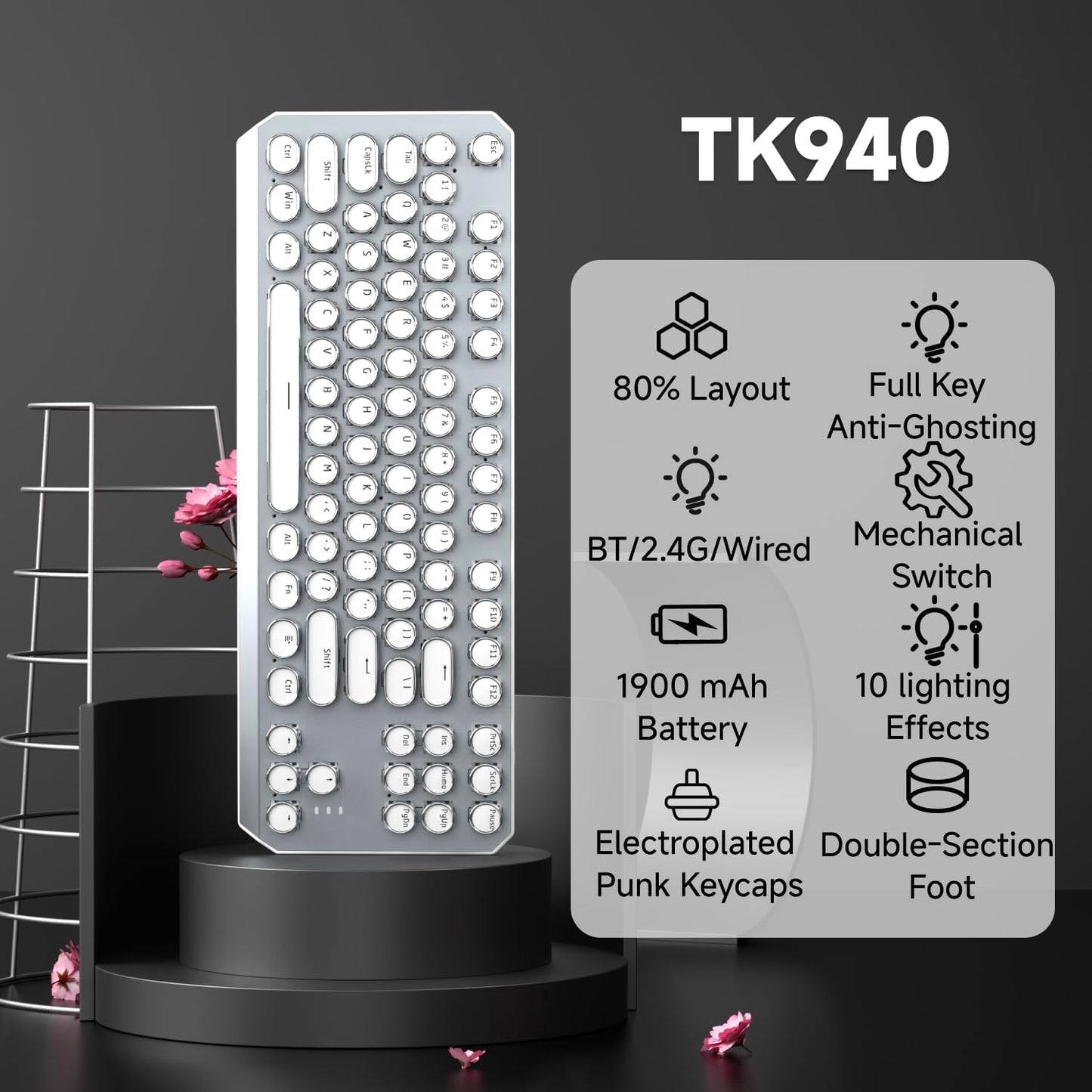 EWEADN Wireless Mechanical Typewriter Keyboard,80% Layout with White Backlit, Anti-Ghosting, Blue Switch Bluetooth/2.4GHz/USB-C Aesthetic Keyboard-White