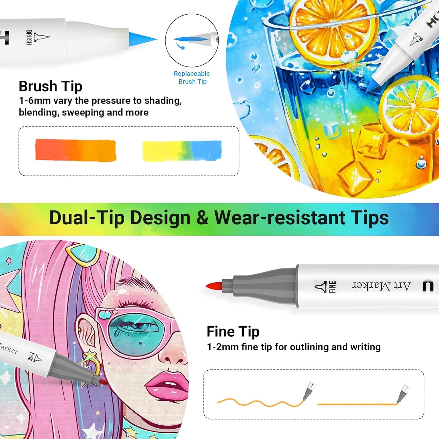 Alcohol Markers Brush Tip - 50 Colors Dual Tip Markers, Brush & Fine Alcohol-based Art Marker Set for Kids Adults Coloring Illustration, Alcohol Sketch Pens with Carrying Case, Non-Bleeding Pad