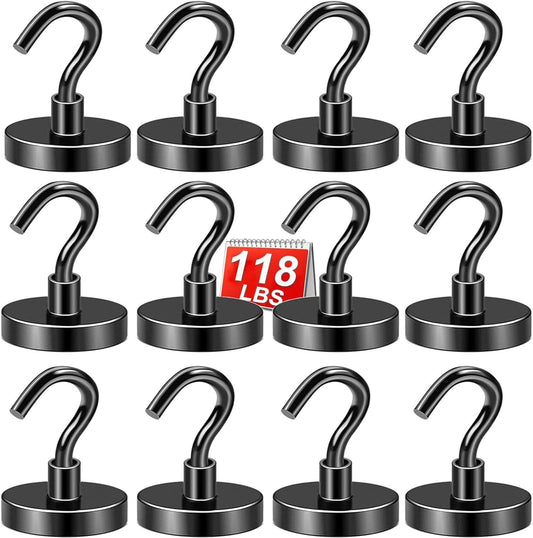 DIYMAG Black Magnetic Hooks, 118 LB Heavy Duty Strong Magnets with Hook, Rare Earth Neodymium Magnet for Cruise Cabins Ship Essentials 12 Packs