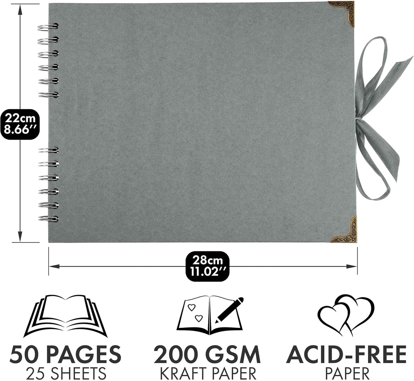 Bstorify Square Scrapbook Photo Albums 50 Pages (11 x 8.5 Inch) Grey Thick Paper, Hardcover, Ribbon Closure - Ideal for Your Scrapbooking Albums, Art & Craft Projects (Grey, 11 x 8.5 Inch)
