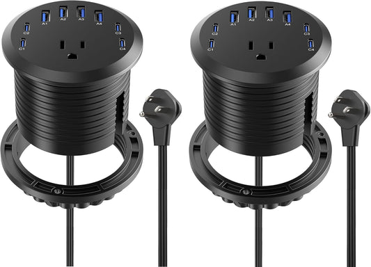 Jgstkcity 65W USB-C Hidden Desktop Power Grommet: 1 AC Outlet,8 USB Charging Ports,3'' Hole Flush Mount Pop-Up Power for Conference Tables & Nightstands (Black, 6 FT - 2PCS)