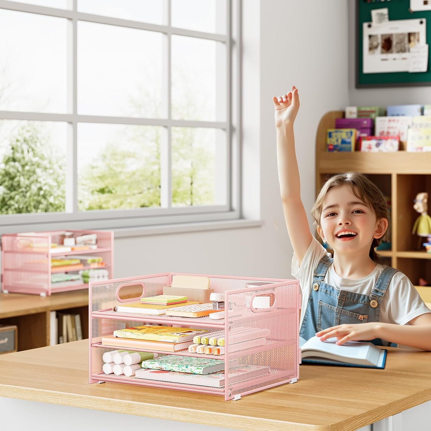Subekyu 2-Pack 3-Tier Pink Metal Mesh Desk Paper Letter Tray & File Sorter Organizer with Handle + 1 Sliding Tray for Desk, Home, Office, School Supplies, A4 Paper and Accessories Storage