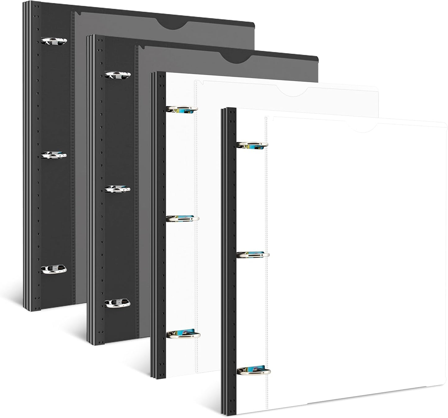 INFUN 1 Inch Telescoping 3 Ring Binder Black+White - 4 PCS， Flexible Binders with Customizable Front Cover and Clear Catalog Pocket,1 inch Binders 3 Ring, 225 Sheet Capacity