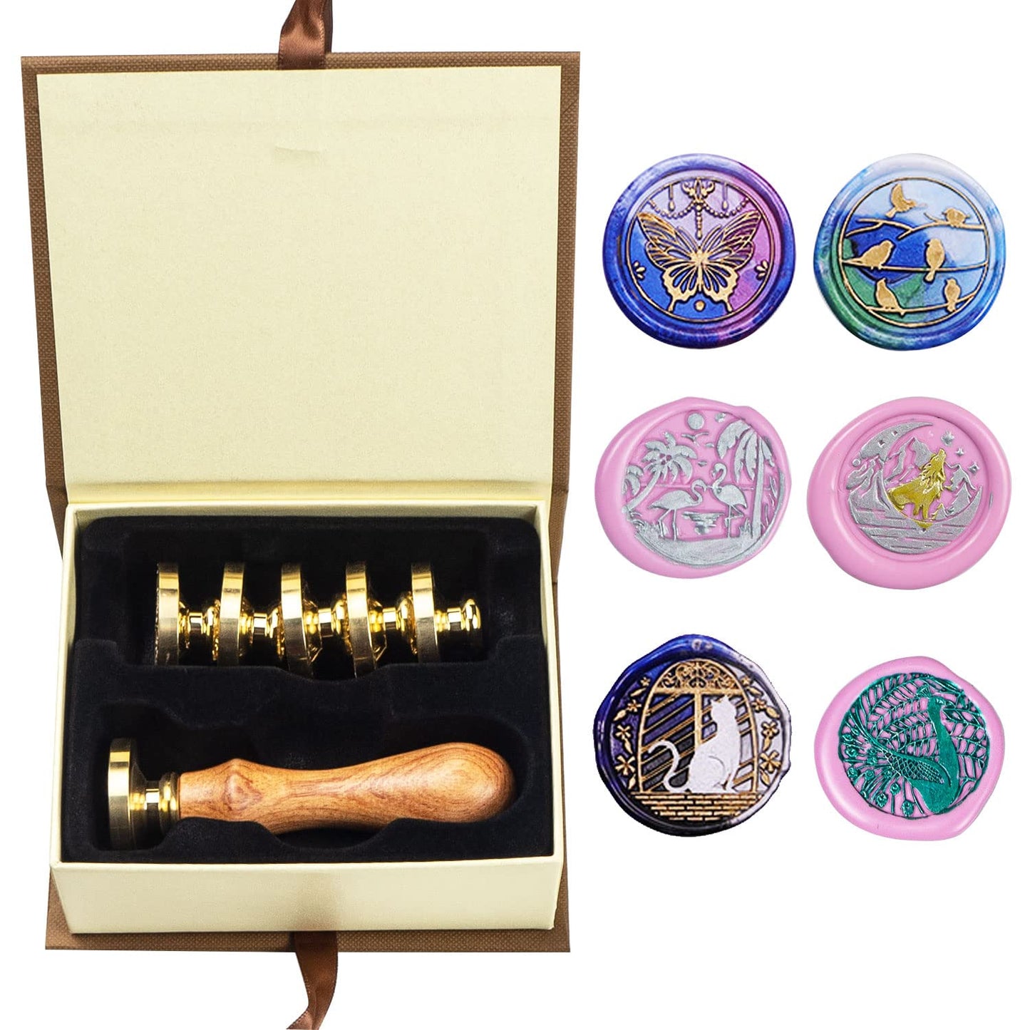 Wax Seal Stamp kit, ANBOSE Animal Wax Seal Stamp Set with 6 PCS Removable Brass Heads and 1 Wooden Handle, Retro Cat Birds Peacock Butterfly Sealing Wax Stamp for Cards Invitations