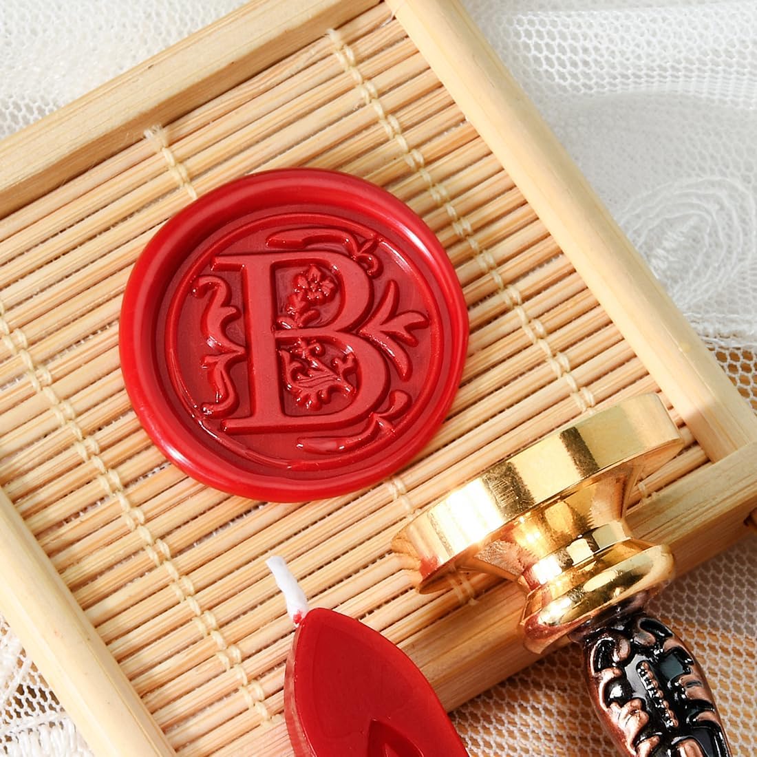 Wax Seal Stamp kit, Envelope Seals DIY Kit - Retro Sealing Wax Candle + Classic Initial Alphabet Seal Stamp Letter B - in Blue Gift Box