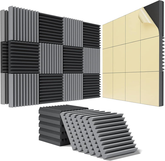 24 Pack Self-Adhesive Acoustic Panels - 2"X 12"X 12"Wall Panels - Quick-Recovery and High Density Sound Panels - Sound proof Acoustic Foam for Home Studio - Black and Gray