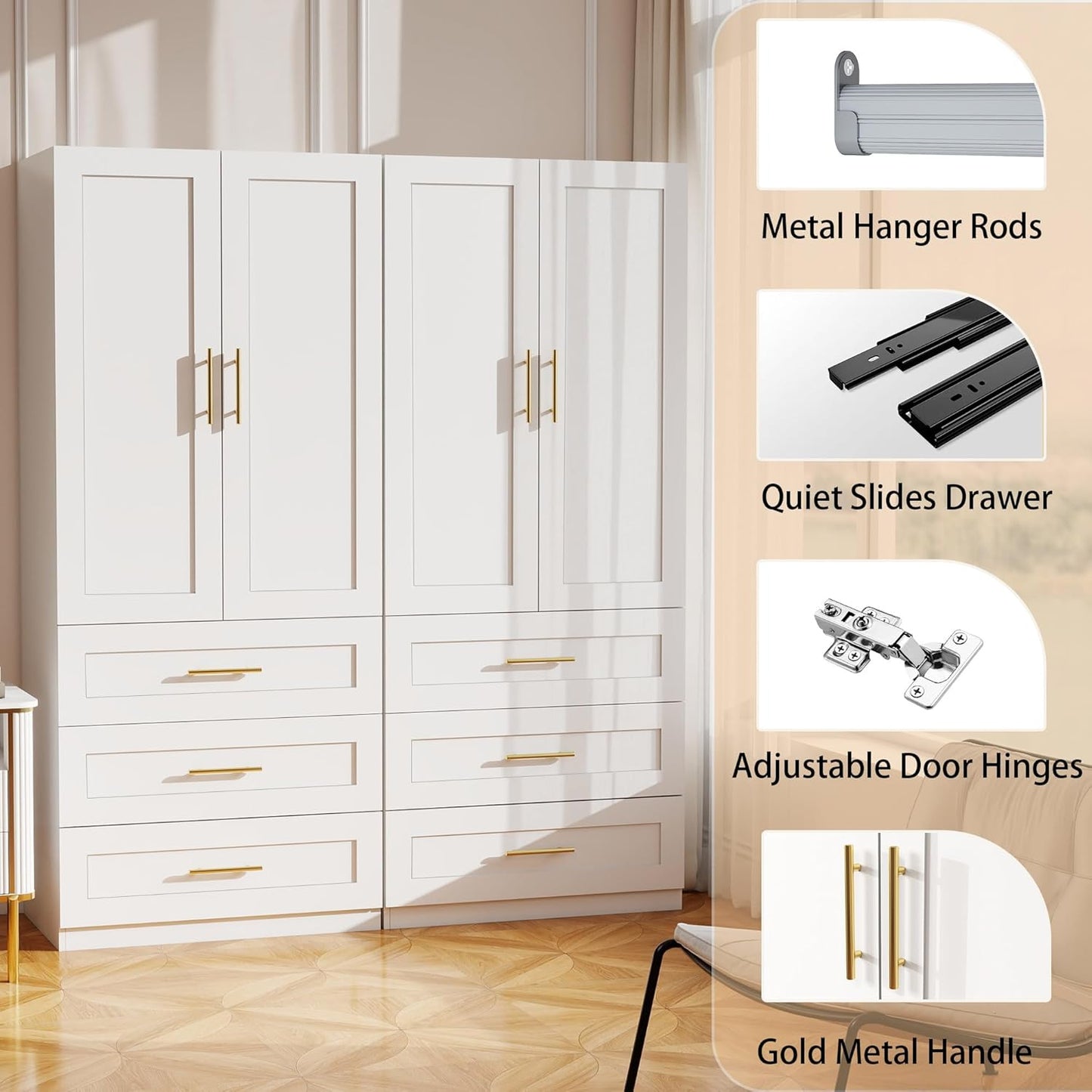 White Wardrobe with 4 Doors: 75" Tall Armoire Wardrobe Closet with 6 Drawers, Bedroom Closet Cabinet for Hanging Clothes, Wooden Storage Armoire with Shelves (Modern, 2)
