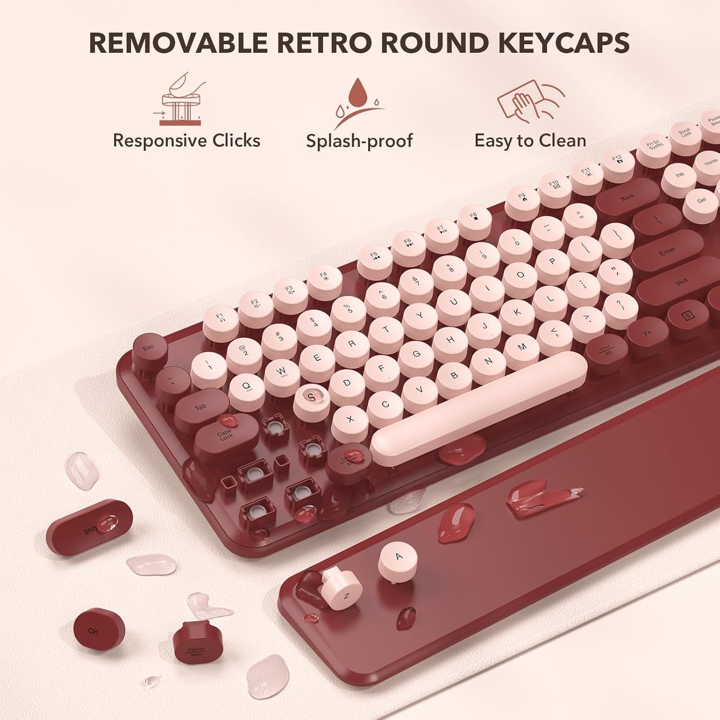 Wireless Keyboard and Mouse Combo - Retro Keyboard with Round Keycaps, Full-Size Typewriter Keyboard with Detachable Wrist Rest, 2.4GHz Connection for Mac/Windows/PC (Wine Red)