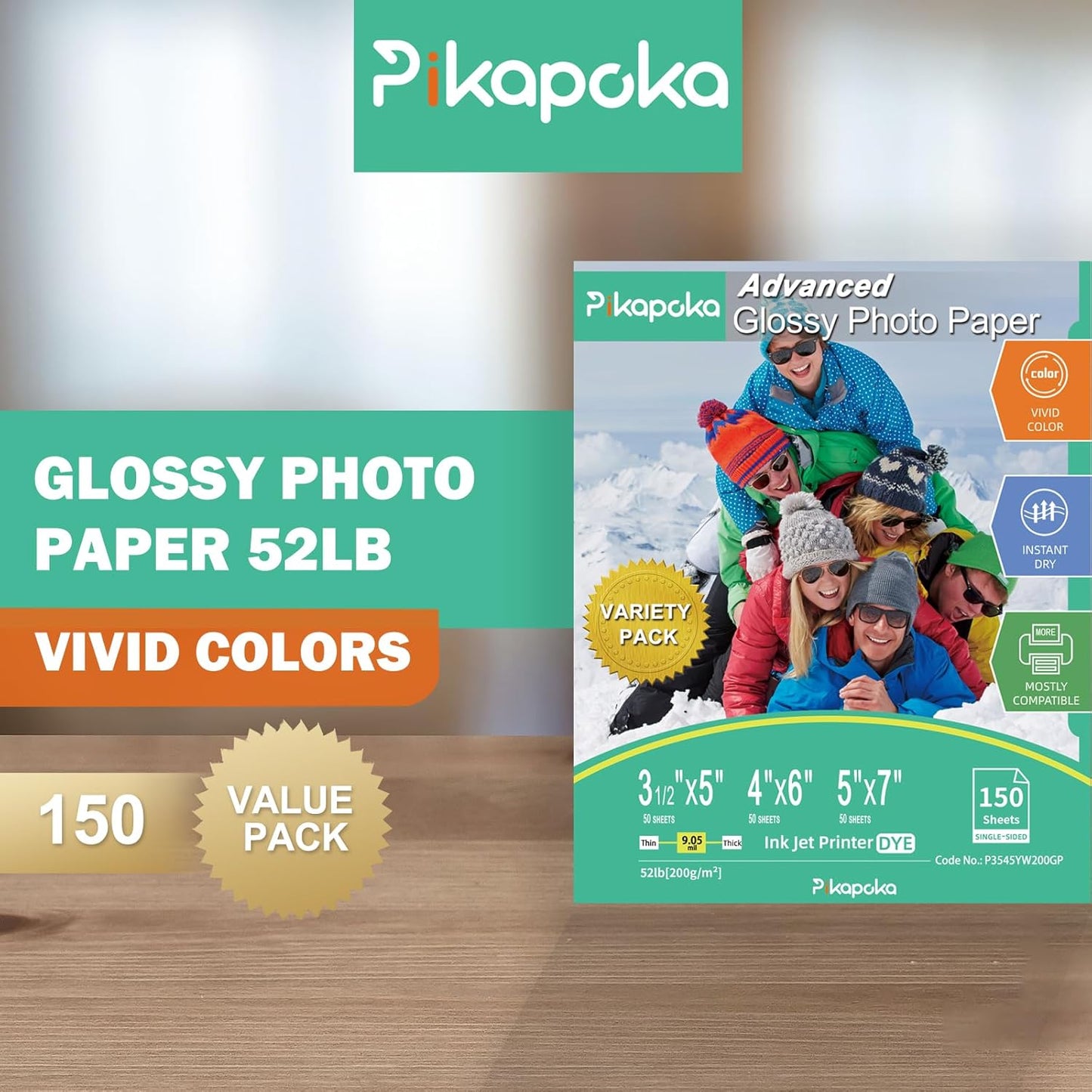 Glossy Photo Paper 3.5x5, 4x6, 5x7, Photo Printer Paper for Inkjet, 150 Bulk Variety Pack, Assorted Sizes, 52lb/200gsm (P3545YW200GP)