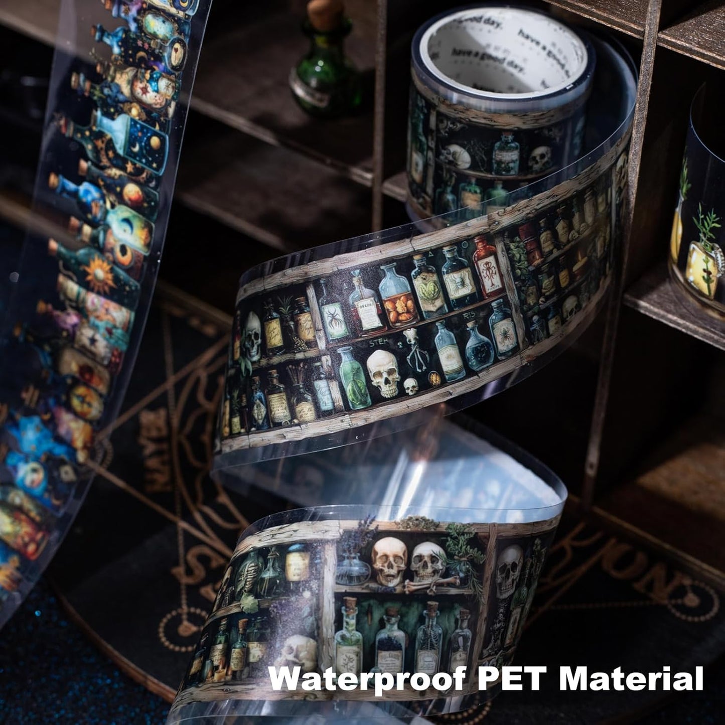 6 Rolls Witch Potion Bottle PET Tape Set with Clip, Waterproof Gothic Scrapbook Sticker Rolls for Journaling, Bullet Journals, and Dark Aesthetic Crafting