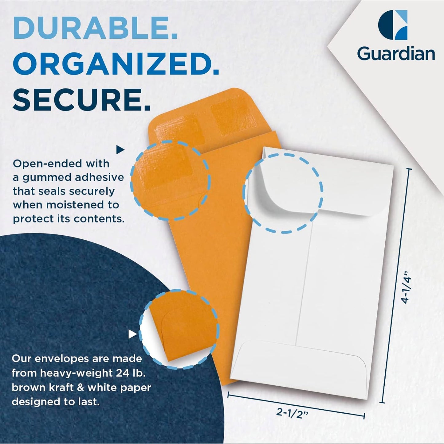 500 Guardian #3 Paper Coin Envelopes - Blank Small Envelopes for Coins, Receipts, Stamps, Small Parts Storage, & More – 2-1/2” x 4-1/4” Cash Envelopes – Gummed Flap Gift Card Holder Envelope
