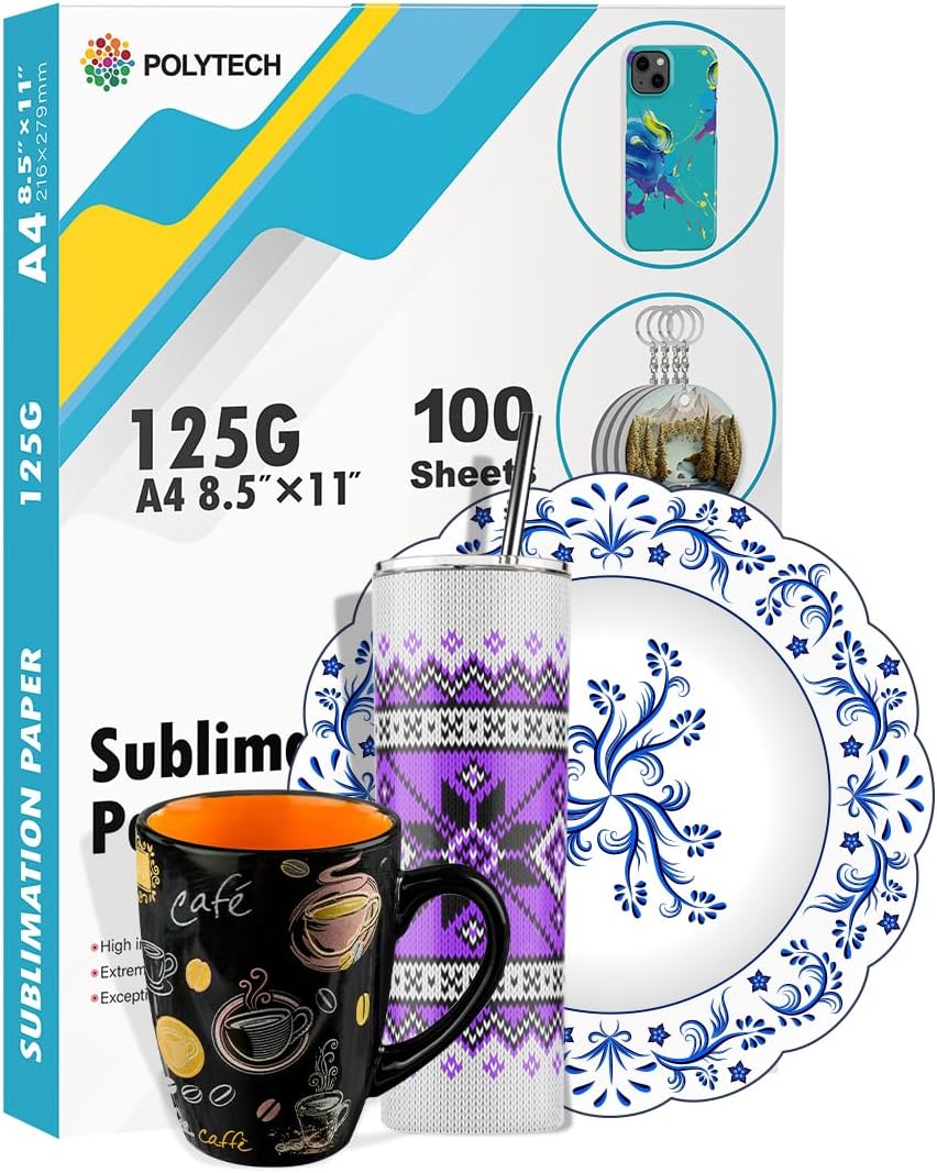 Polytech Sublimation Paper, 8.5x11, 100 Sheets, Heat Transfer Paper for All Sublimiation Blanks, For All Sublimation Printer and Ink, For Tumblers, Magnet Blanks, Ceramic Ornaments, Light T-Shirt,125G