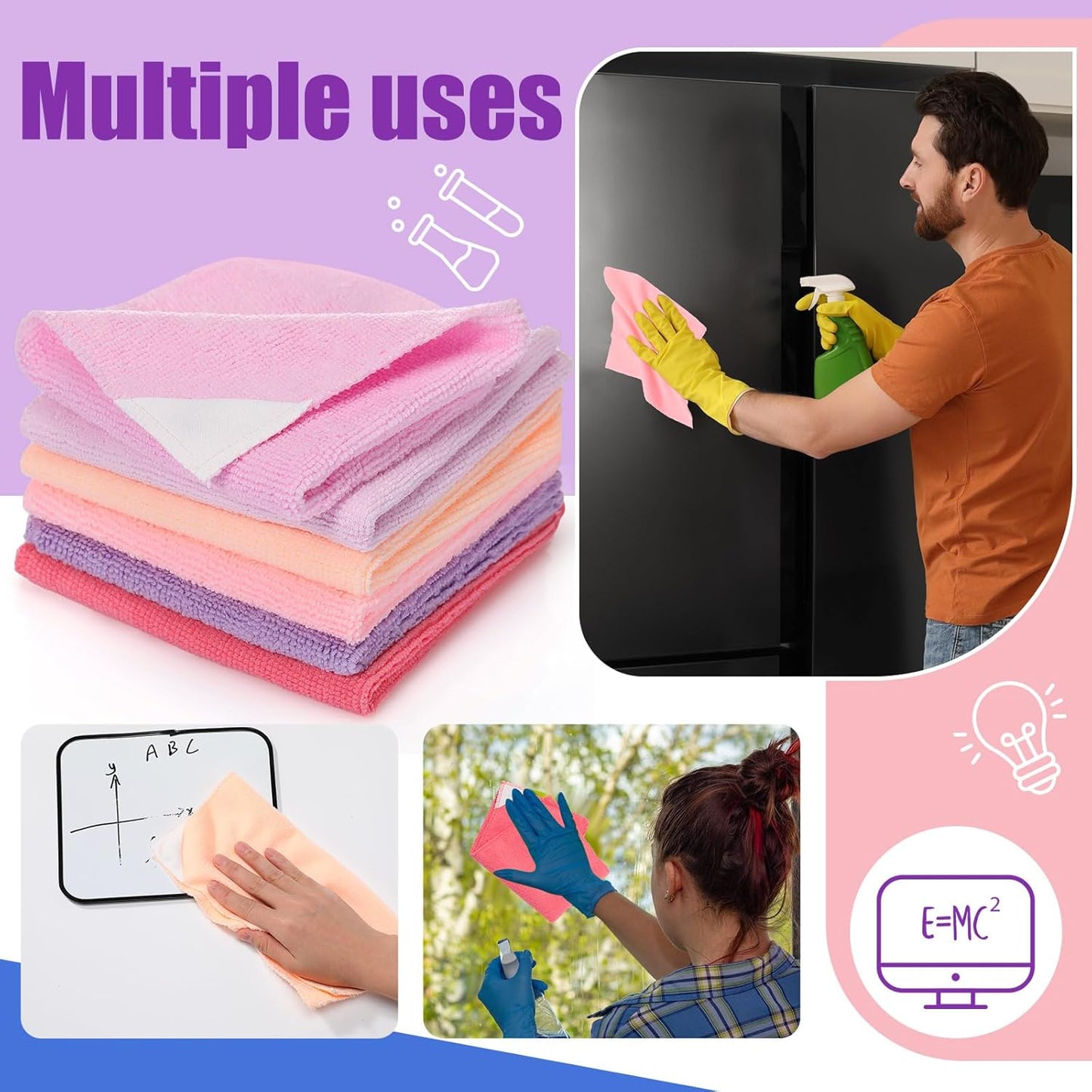 6 Pack Magnetic Whiteboard Cleaning Cloth Extra Strong Magnetism 10'' X 10'' Colorful Microfiber Dry Erase Cloth Reusable Washable Whiteboard Eraser for Classroom, Home and Office Use(Pink Color)