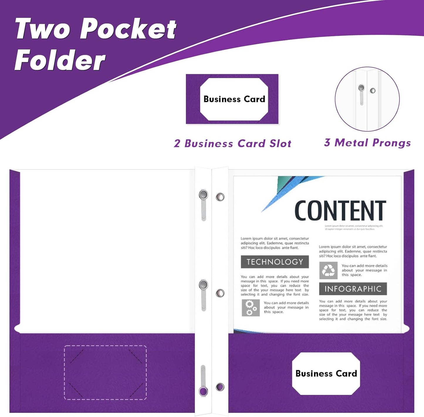 Two Pocket Folders, PANDRI 60 Pack Two Pocket Folders with Prongs, 3 Prong Folders Designed for Office and Classroom, Letter Size Purple