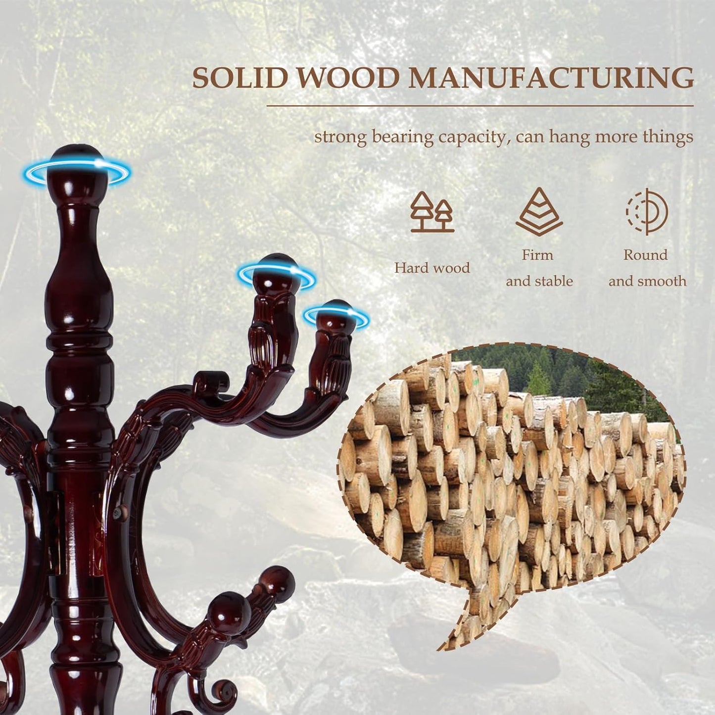 Wood Coat Rack Freestanding, Natural Coats Tree Stand with 14 Hooks, 73" Sturdy and Easy Assembly Coat Rack Stand for Entryway, Hallway, Bedroom, Bags, Hats (Tri-legged Base, Rosewood)