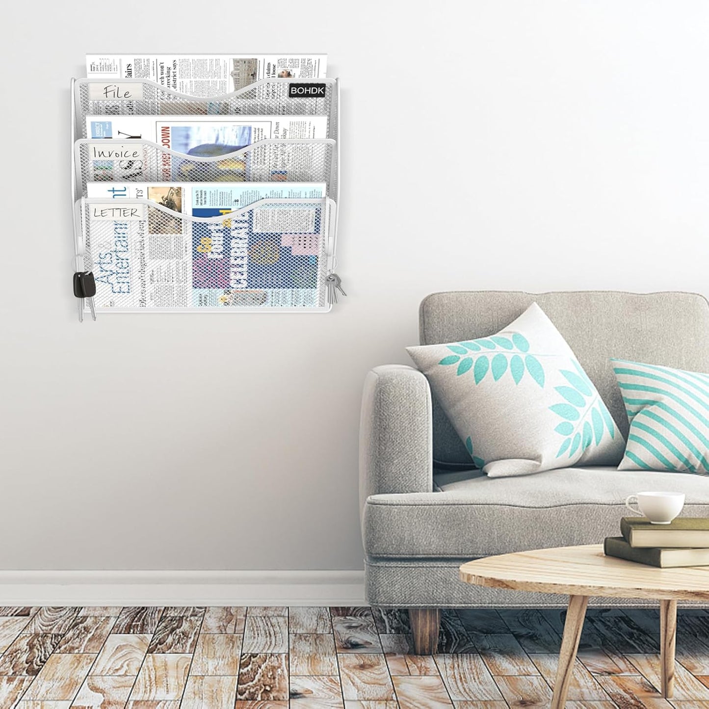 Wall File Organizer, 3 Tire Hanging File Folder Mail Organizer, Vertical Mesh Metal Door/Wall Mount Hanging File Organizer, Paper Document Magazine Rack with Hooks for Home Office White