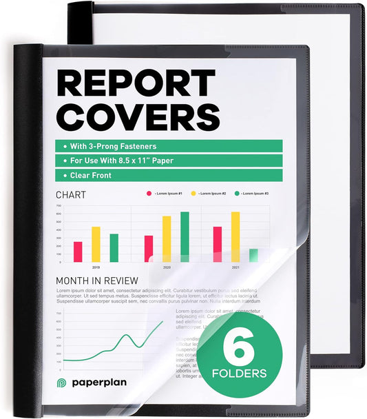 Report Covers - (Set of 6), 8.5 x 11 Letter Size, by Paper Plan, Clear Front Folders - Ideal for Presentations, Resumes & Keeping Your Documents Neat and Professional
