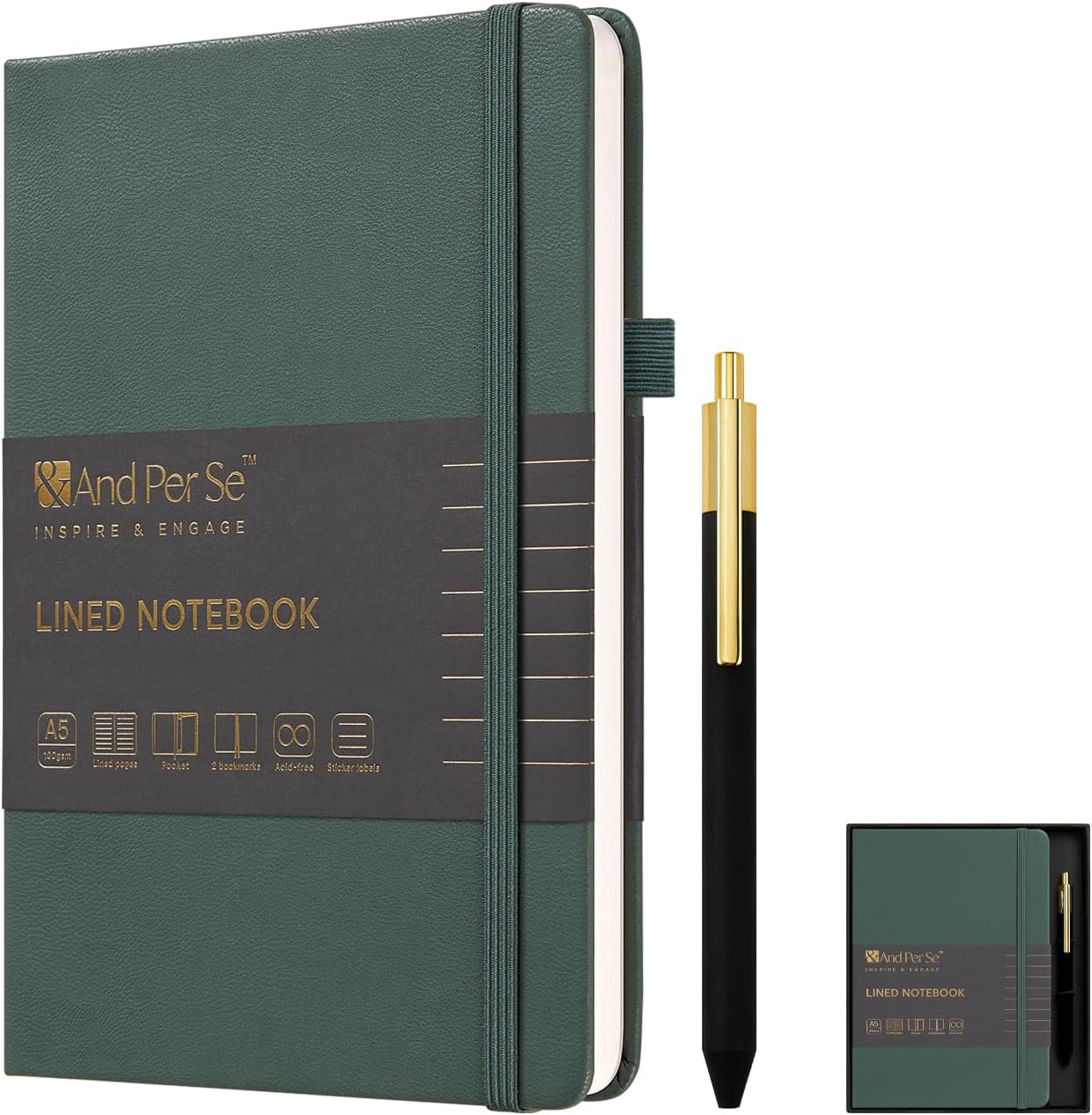 A5 Lined Leather Journal and Pen Set, Hardcover Notebook with Pen, 160 Pages 100gsm Thick Ruled Paper for Men Women, for Work, Business, School or Home Writing, 5.7'' x 8'', Gift Box Included(Green)