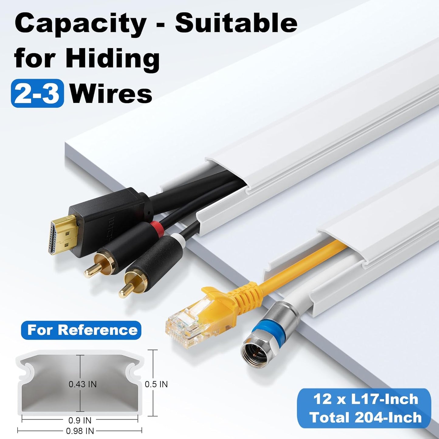 204in Wall Cable Hider, Cord Hider to Hide 2-3 Cords, TV Wire Hider for Wall, Cable Management Kit, Cable Raceway White, Paintable Cable Concealer, 12 x L17in W0.98in x H0.5in