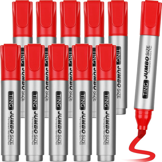 Fuutreo 10 Pack Jumbo Permanent Markers Bulk Large Chisel Tip Permanent Markers Quick Drying Waterproof Big Huge Poster Pens for Office, Logistics Company and More(Red)