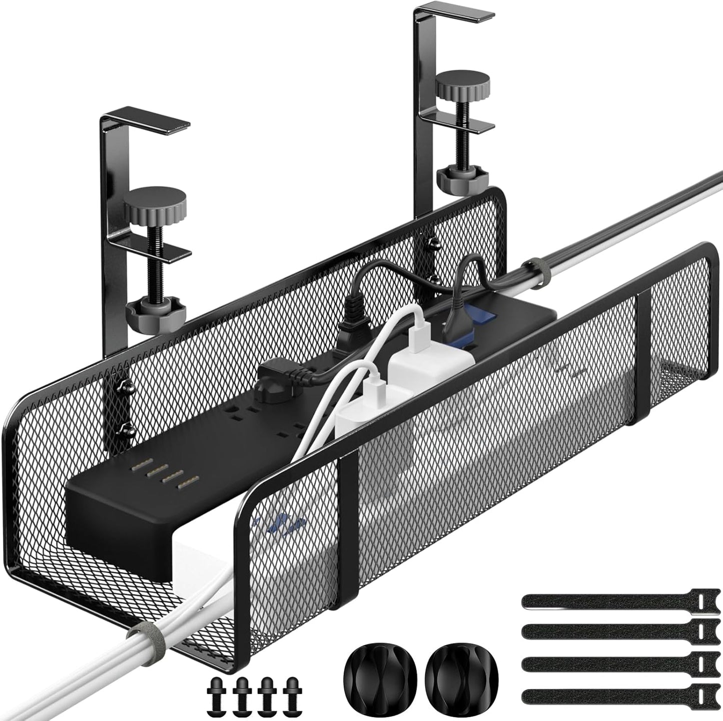 Under-Desk Cable Organizer Tray - Wire Management Box with Cord Organizer and Raceways for Office & Home - No Desk Damage, No Drill